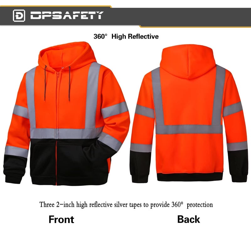 DPSAFETY High visibility Hoodie for Men,Class3 Hi Vis Hoodie with Zipper,Reflective Hooded Hood,Construction work Safety Sweatshirt with Large front Pocket for Men/Women Black Bottom 5XL - Image 5
